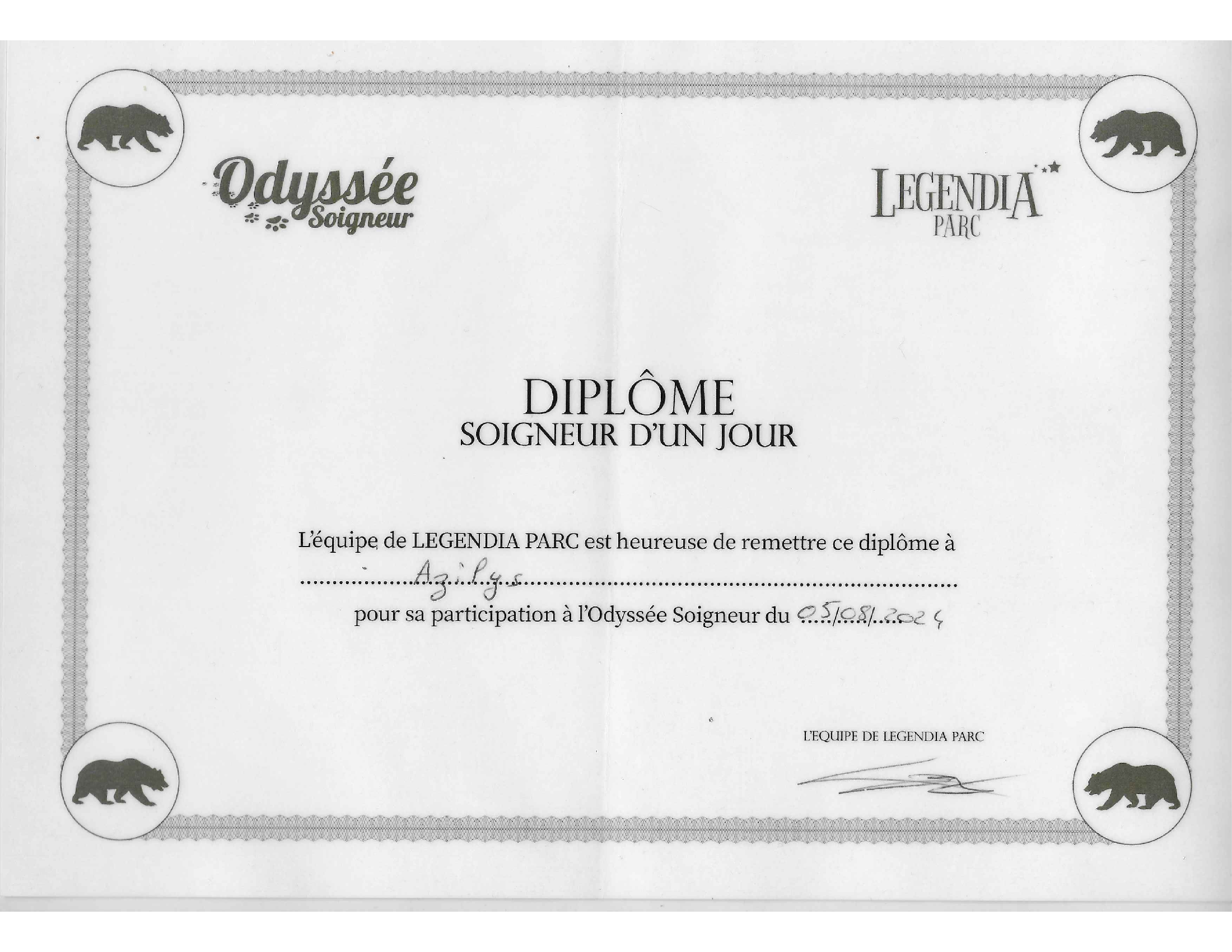 Diplôme Legendia Parc